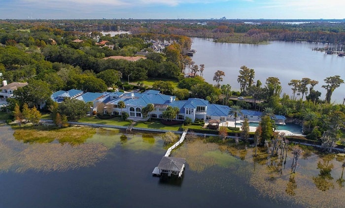 Aerial view of Shaq O'Neal's house in Orlando, Florida, surrounded by Lake Butler