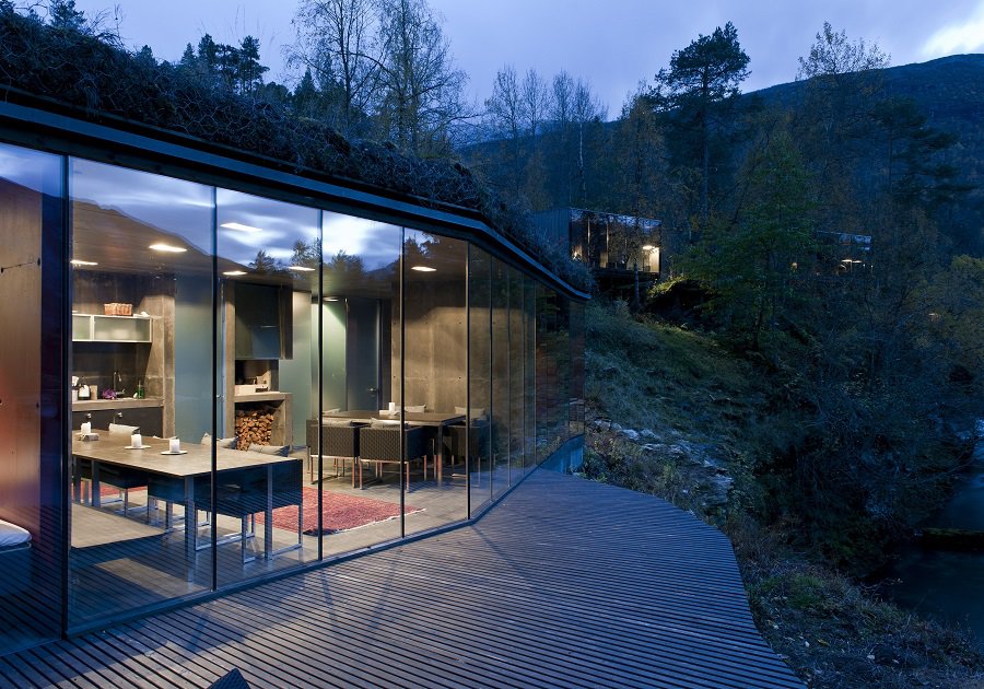exterior of the ex machina house at night