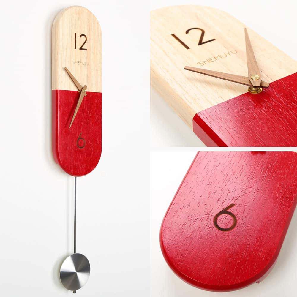 modern pendulum wall clock red wood 