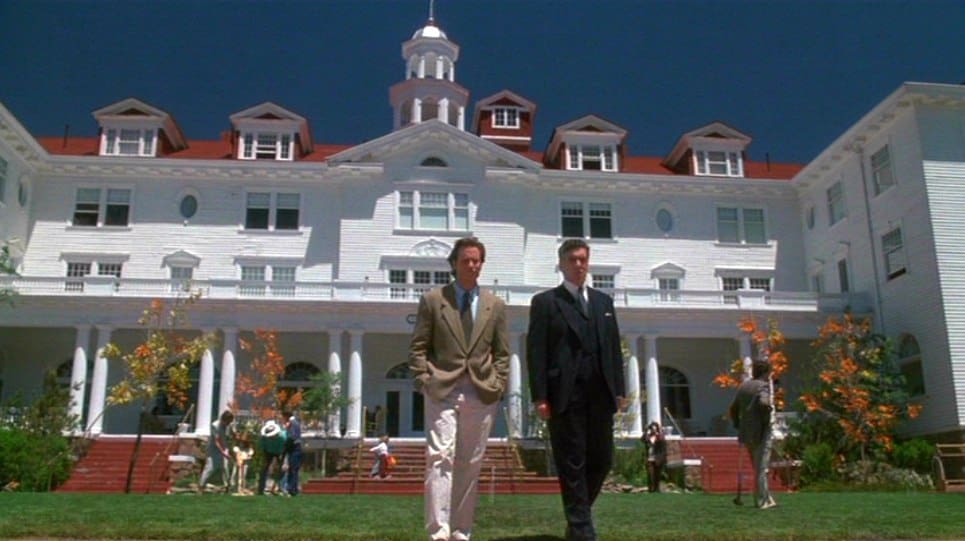 The Stanley Hotel in Stephen King's The Shining miniseries, with the Stanley Hotel in the background