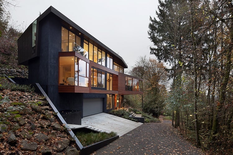 exterior of the modern, glass and wood-clad Hoke House, the original Cullen house in Portland, Oregon