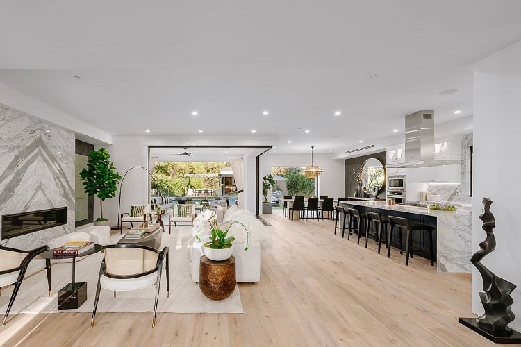 living area inside Steelo Brim's house, an open-floor space with a luxurious kitchen, dining area, and sliding doors that open to the backyard