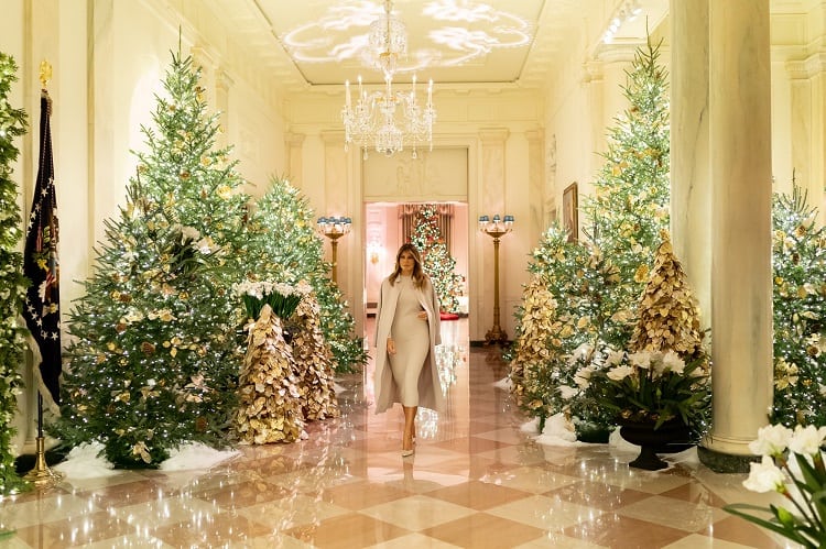 melania trump and the white house decorated for christmas