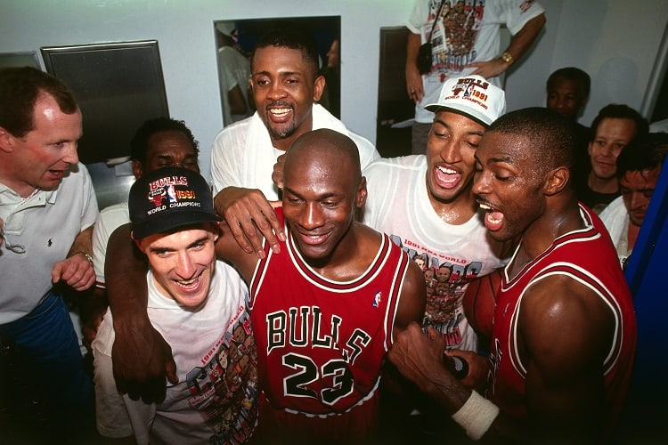 Chicago Bulls team members celebrating following Game Five of the 1991 NBA Finals on June 12, 1991.