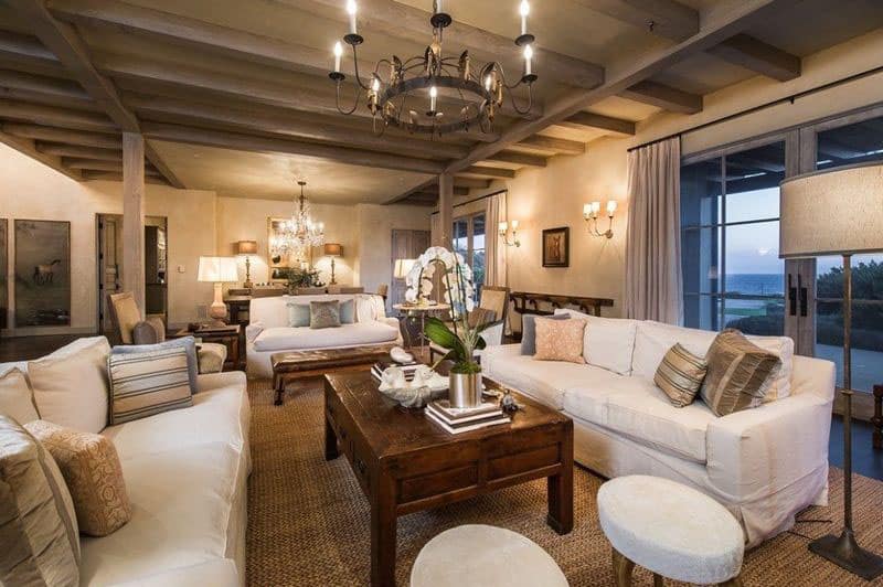 Luxurious-yet-rustic living room inside Lady Gaga's Malibu home. 