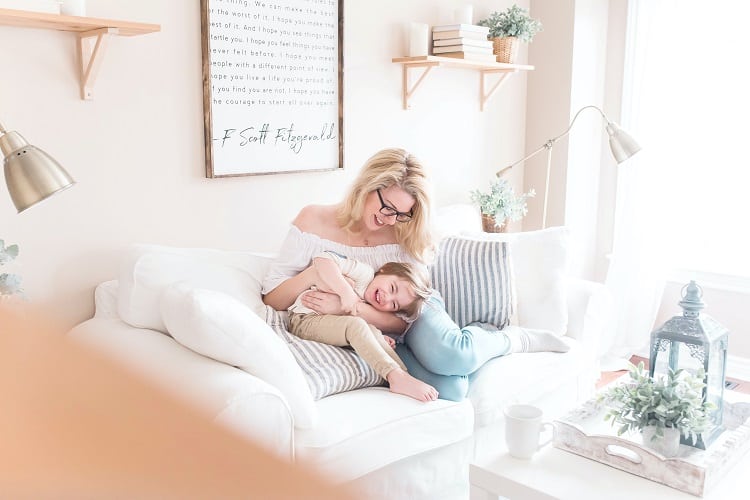 happy family in a bright, open home.