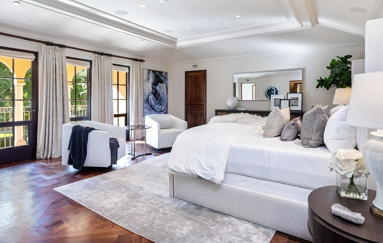 Bedroom of an ultra-luxurious villa on N. Roxbury Drive.