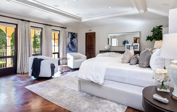 Bedroom of an ultra-luxurious villa on N. Roxbury Drive. 