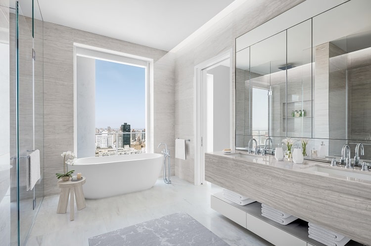 Master bathroom, Penthouse 33 at 200 East 59th Street, NY.