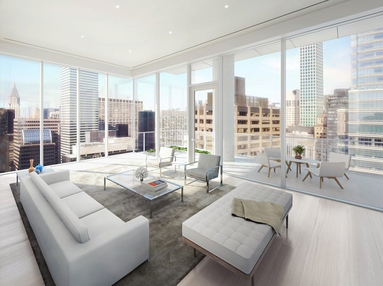 Living room of Penthouse 33 at 200 East 59th Street, NY.