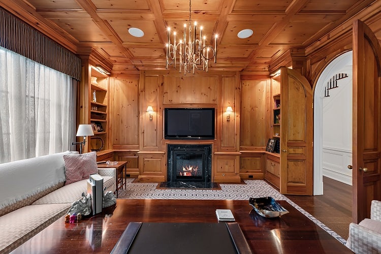 beautiful study with wood panels 