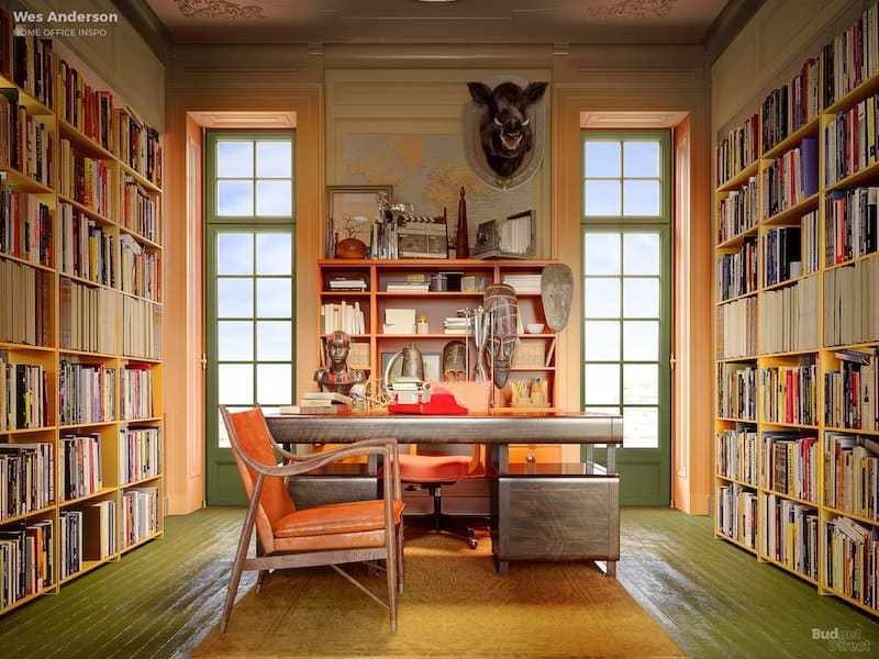 Wes Anderson-inspired home office décor.