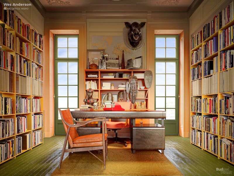 Wes Anderson-inspired home office décor. 