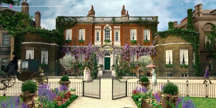 Exterior of the ivy-covered Bridgerton house, where Daphne, Anthony and their family live
