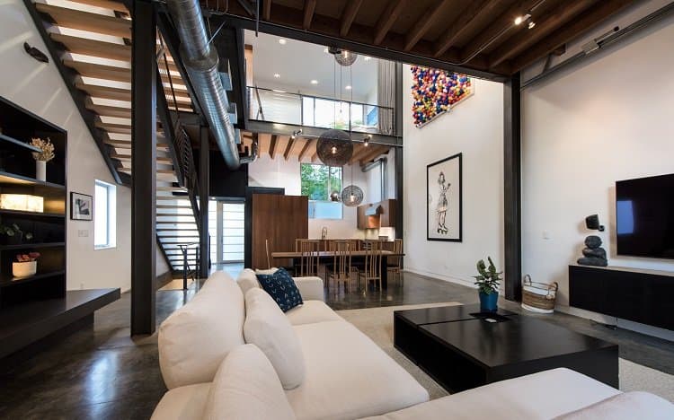 open floor plan in a modern, industrial-style loft in Venice, CA