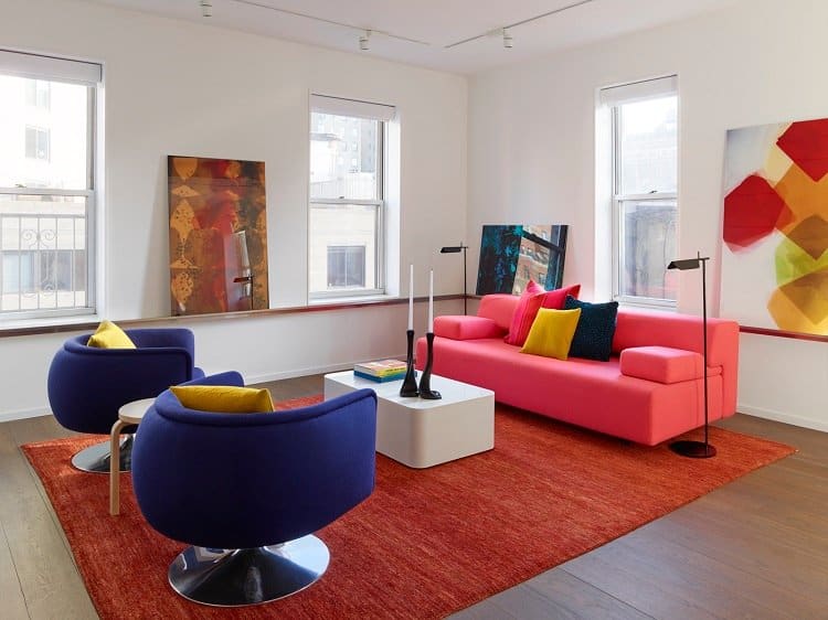 colorful living room of a tiny functional apartment in NYC