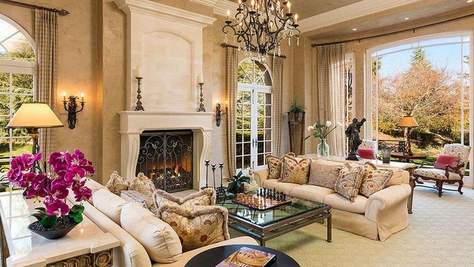 study with fireplace and couches inside Britney Spears' house in California