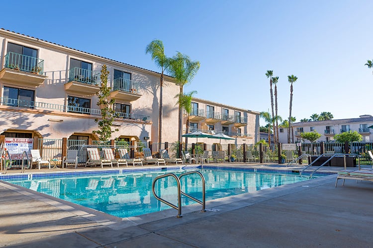 The pool area at a top rated senior community, Brookdale San Marcos