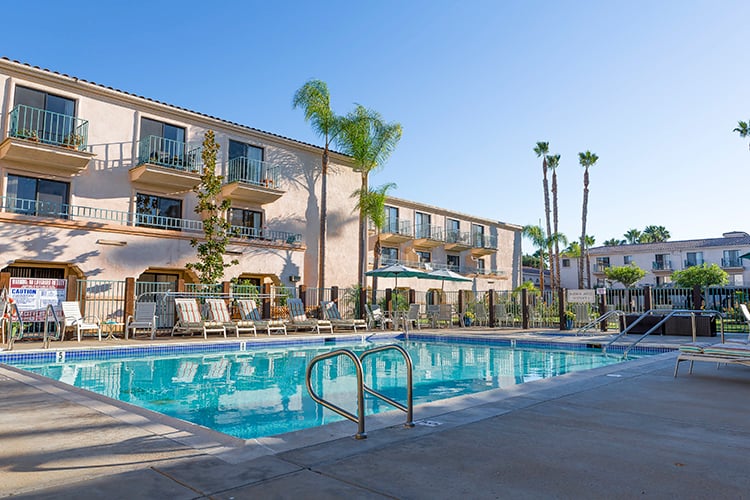 The pool area at a top rated senior community, Brookdale San Marcos 