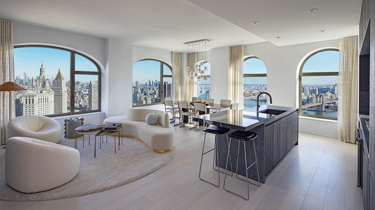 The living room of an apartment at 130 William Street, New York City