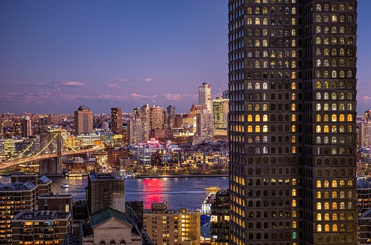 exterior view of 130 william street, a new luxury condo tower in lower manhattan