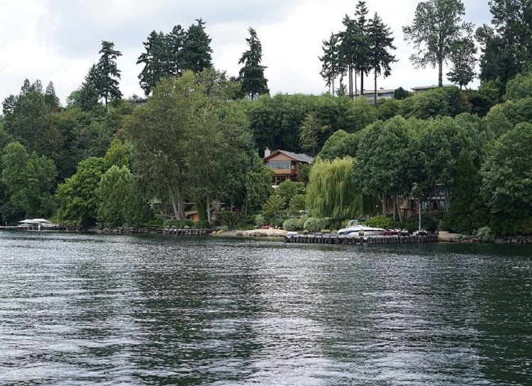 Bill Gates' house as seen in summer 2015 from Lake Washington.