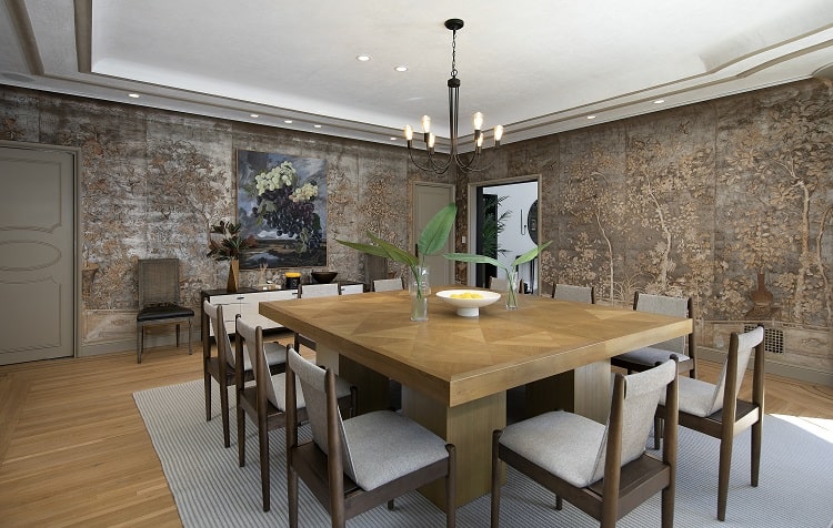 elegant formal dining room with custom wallpaper