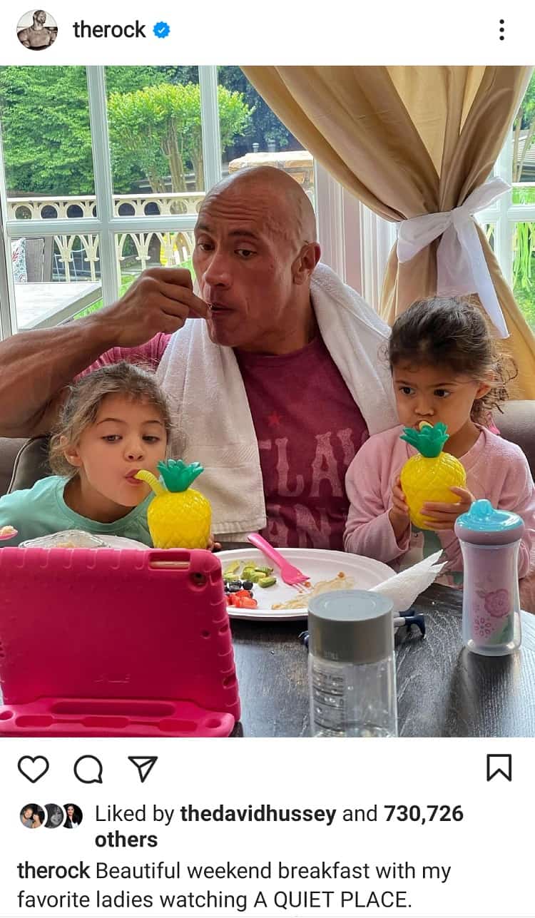 dwayne johnson and his daughters having breakfast at home