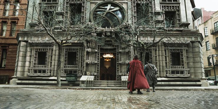 Exterior and entrance to Doctor Strange's Sanctum Sanctorum house, a fictional New York townhouse created with CGI that has an oculus window