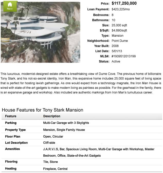 fictional listing of Tony Stark's Malibu Mansion