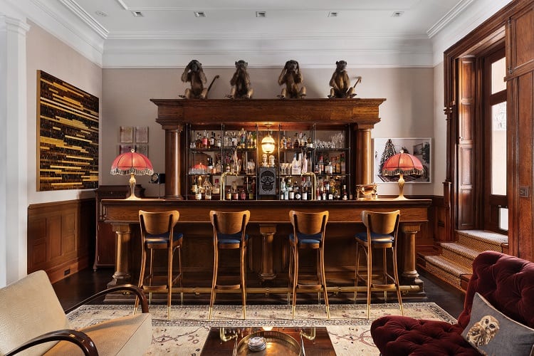 Wood bar inside David Burtka and Neil Patrick Harris' house in Central Harlem, New York.