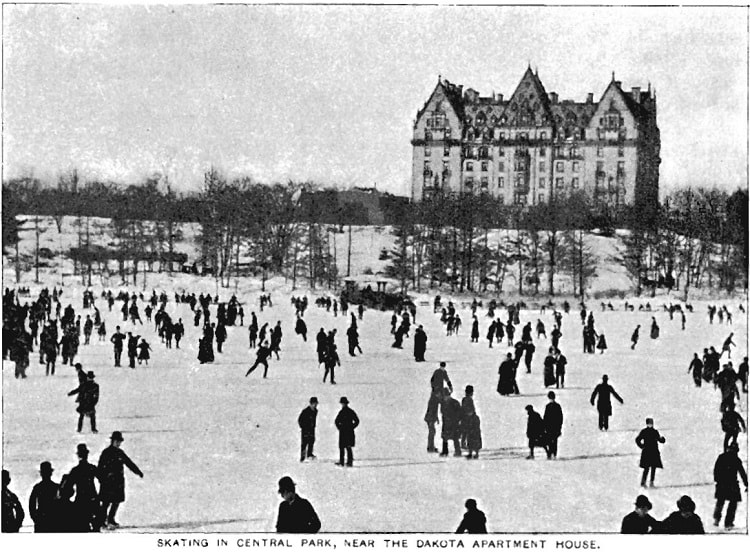 Central Park and the The Dakota building in a photograph from the late 1880s. The photograph was published the book King's Handbook of New York City, 2nd ed., 1893.
