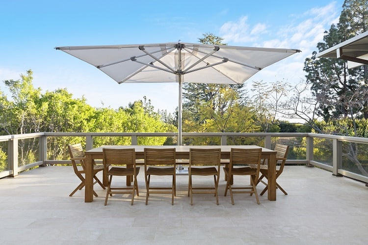Outdoor dining area in François and Brandy Navarre's house in Pacific Palisades