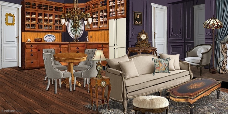 The FRIENDS apartment reimagined in a Victorian design style.
