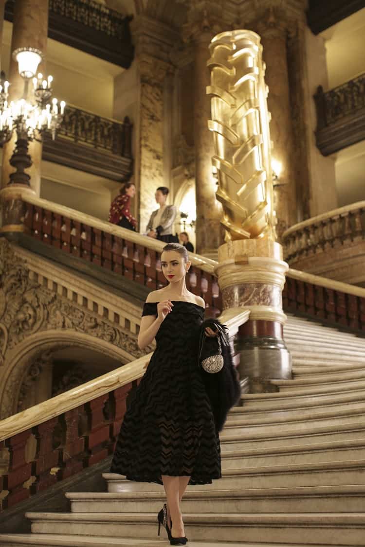 Lilly Collins as Emily Cooper, attending the ballet at Palais Garnier in Paris. 