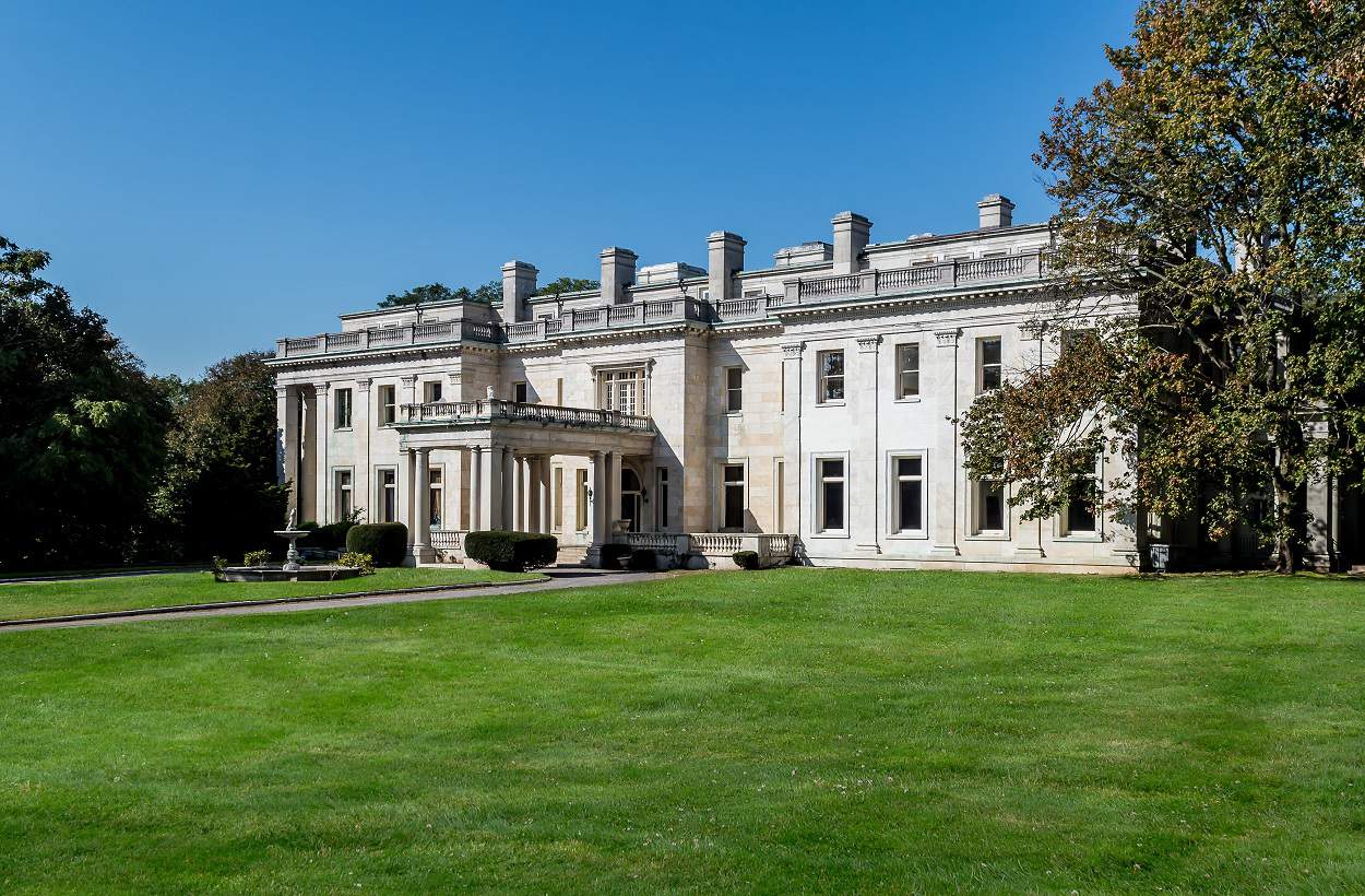 Exterior shot of Winfield Hall, the Woolworth Mansion in Glen Cove