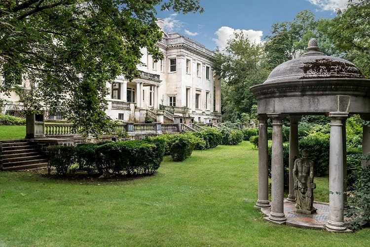 exterior and gardens of Winfield Hall, the Woolworth mansion in Glen Cove