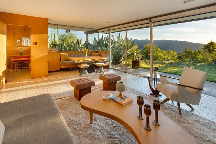 Living room of a midcentury house designed by architect Richard Neutra