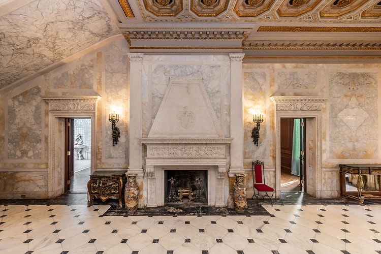 Fireplace inside Winfield Hall, the Woolworth mansion in Glen Cove.