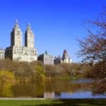 The San Remo building in New York City, with Central Park and a lake in front