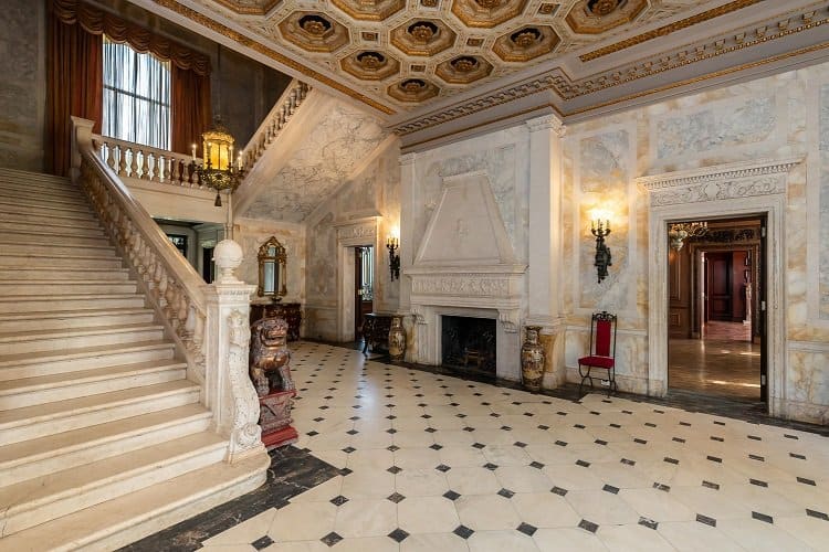 The marble staircase inside Winfield Hall, the Woolworth mansion in Glen Cove.