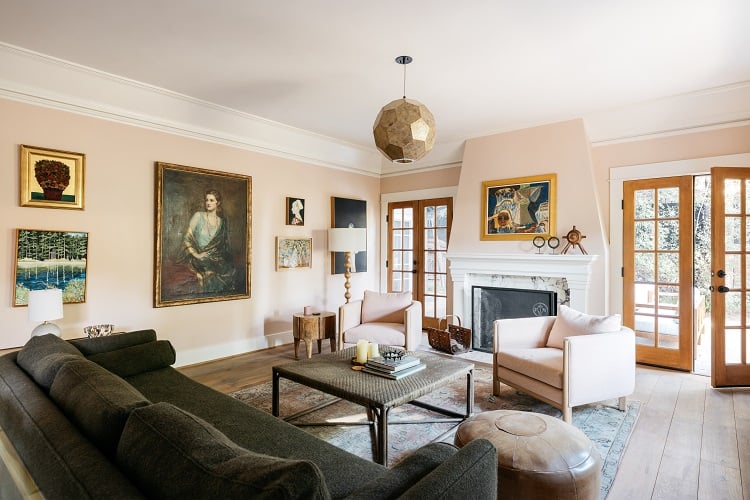 living room with fireplace of an LA craftsman house