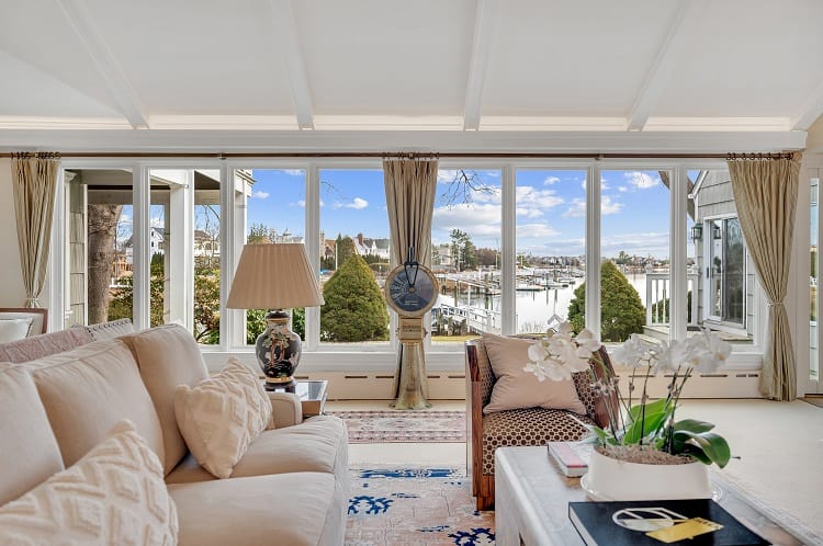 living room with waterfront views 