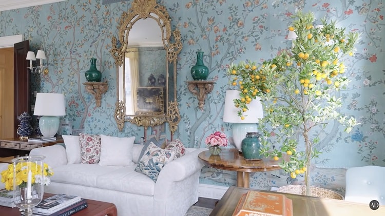 the intricate wallpaper inside Shonda Rhimes' apartment in New York City