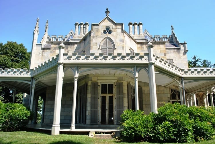 Entryway to Lyndhurst mansion, a majestic estate in Tarrytown, NY on the Hudson River. 