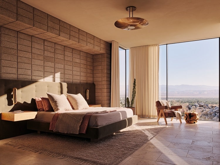 modern bedroom with pink and brown hues and large walls of glass