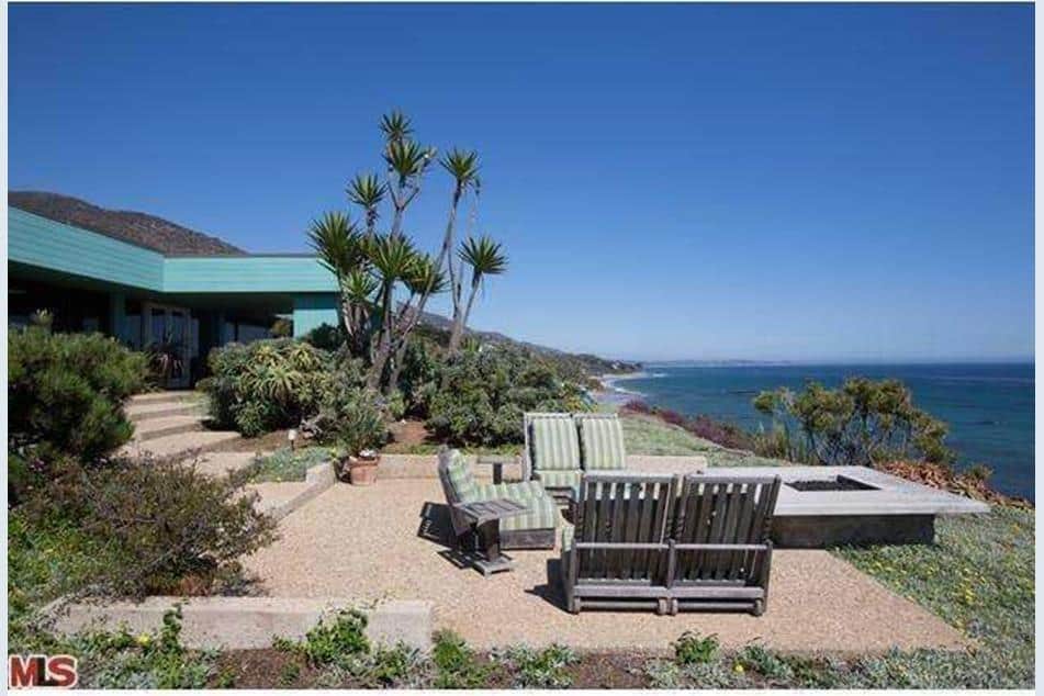 exterior and oceanfront view of Ellen Pompeo's house in Malibu