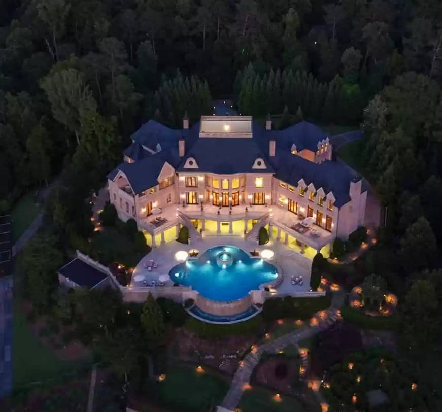 Aerial view of Steve Harvey's house, a palatial mansion in Atlanta