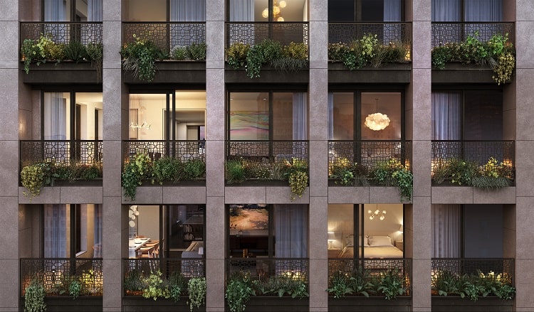 garden balconies in a condo building born on the principles of biophilic design