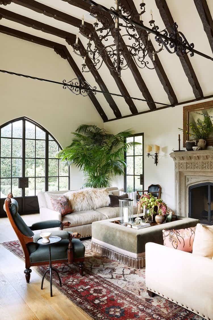 living room with soaring ceilings inside Chateau Lemoine